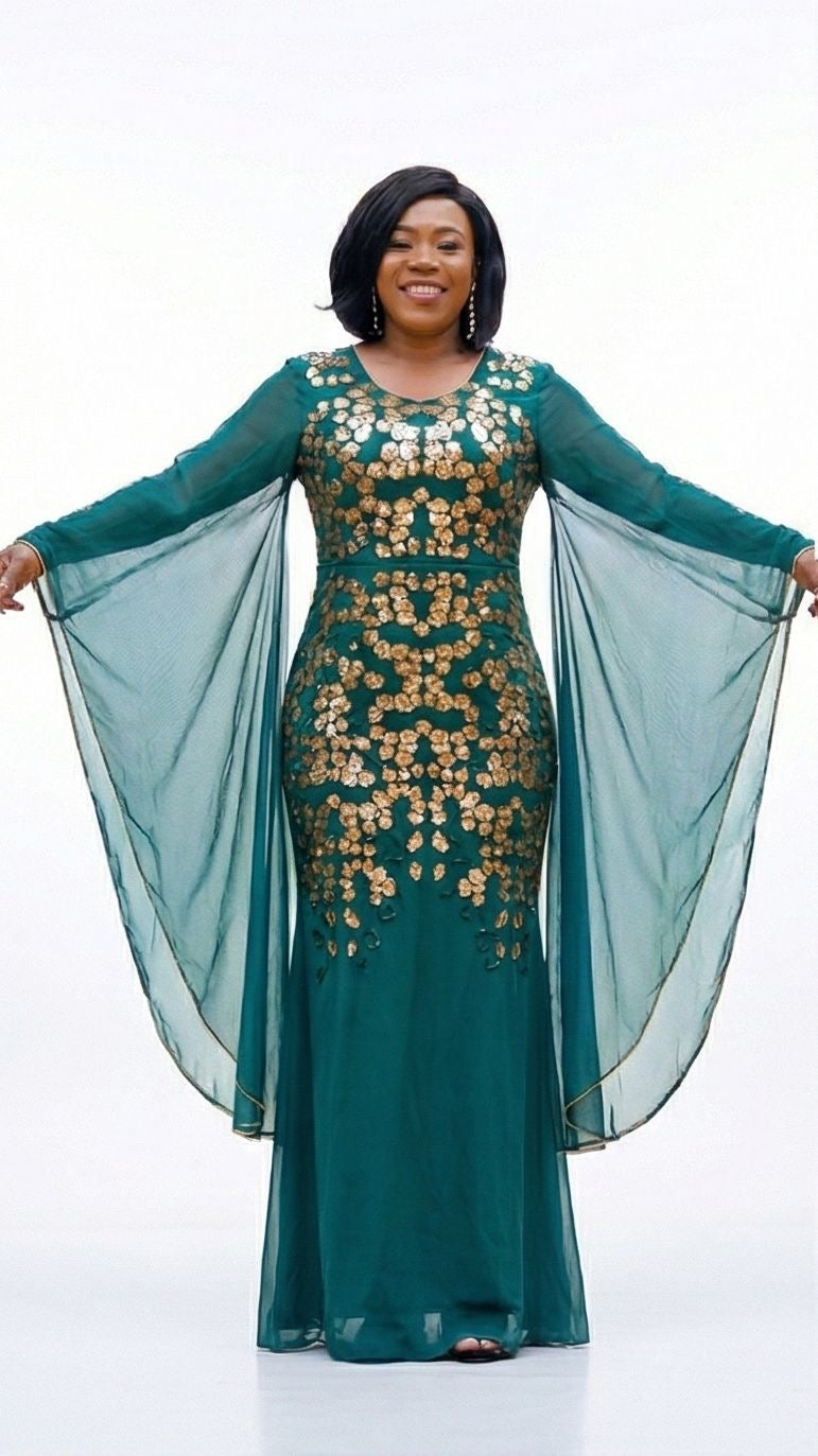 Maxi Dress Manche Évasée- Paillettes