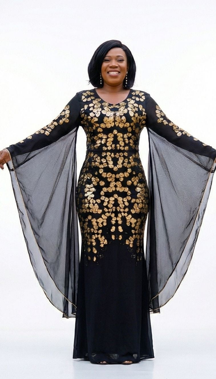 Maxi Dress Manche Évasée- Paillettes