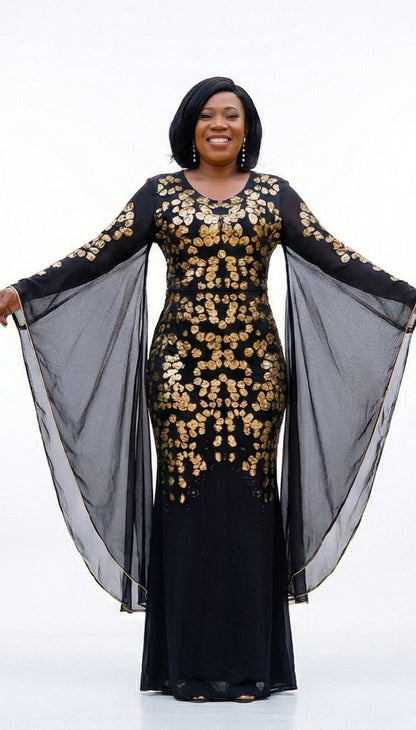 Maxi Dress Manche Évasée- Paillettes